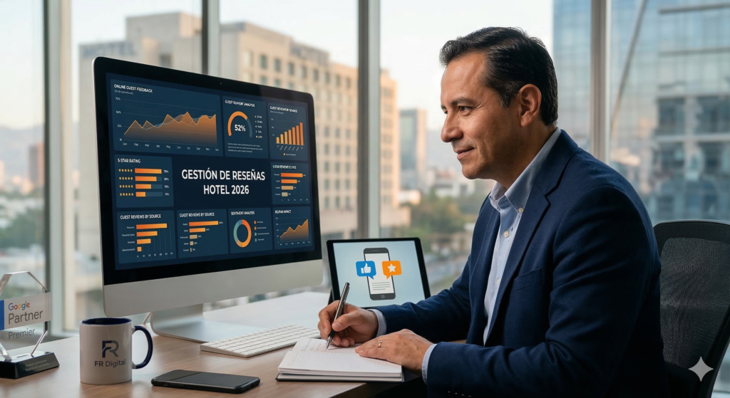 Francisco Ramírez Santos analizando herramientas para gestionar reseñas y opiniones de huéspedes en hoteles en un panel de métricas avanzado.