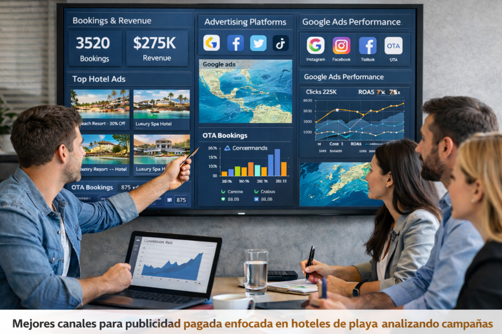 mejores canales para publicidad pagada enfocada en hoteles de playa analizando campañas digitales